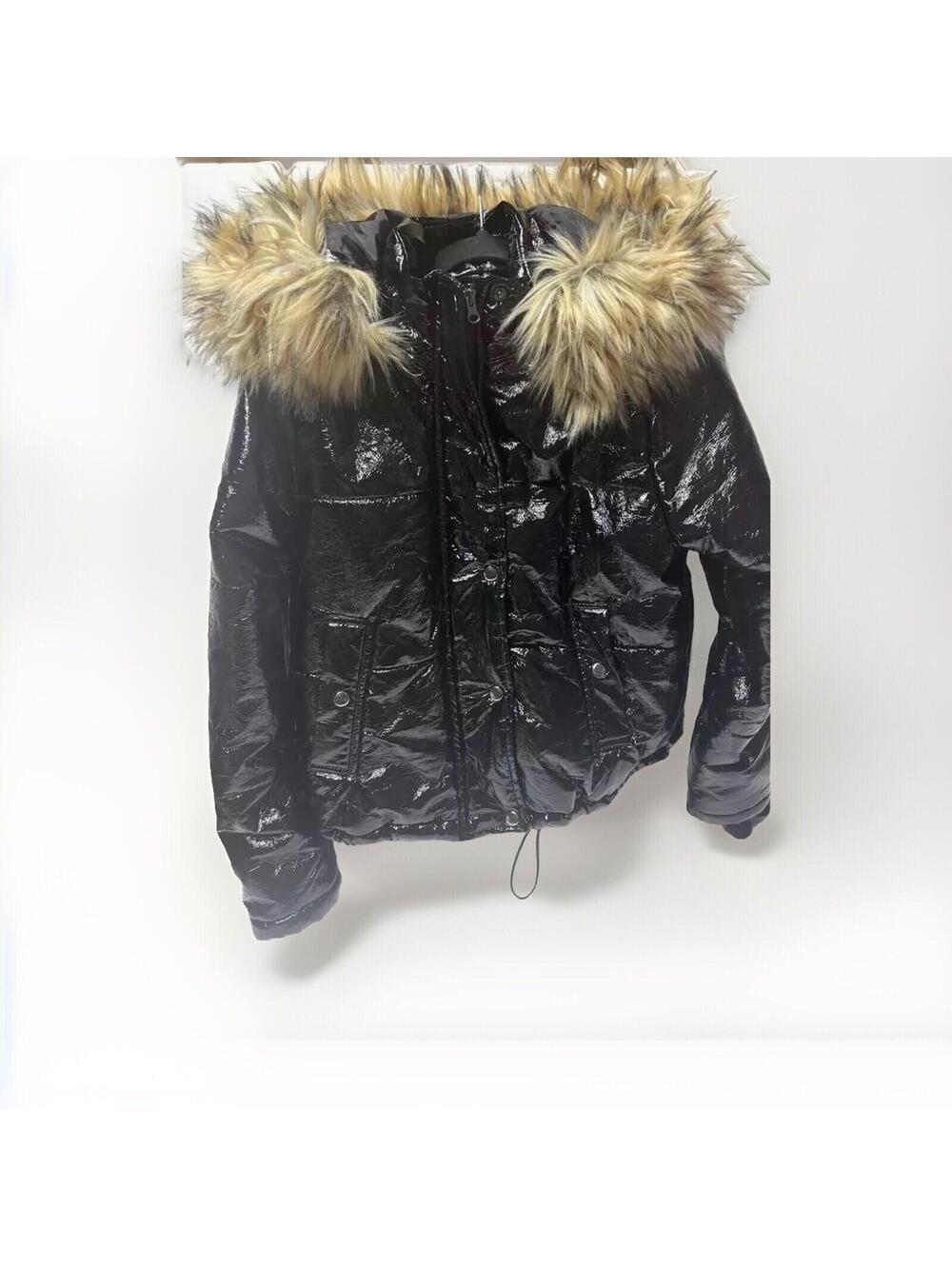 Women’s Small Winter Jacket With Removable Hood Black Shiny Ladies Coat GUC
